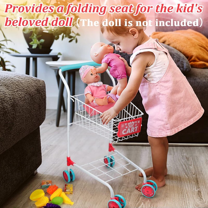 deAO Kids Shopping Cart Trolley with Sturdy Metal Frame for Toddlers 46 PCS Food Fruit Vegetables Pretend Play Food Role Play,Educational Toy Play Kitchen Toys for Boys Girls Kids - Image 3